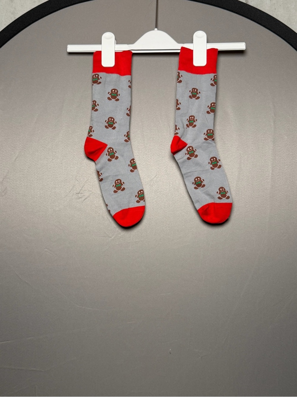 J. Crew Gray Crew Socks with Red Accents and Gingerbread Motif